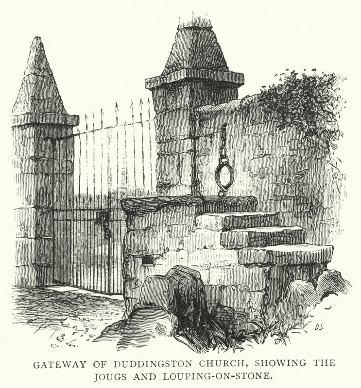 Gateway of Duddingston Church, zobrazující Jougs a Louping-on-Stone (rytina) od English School