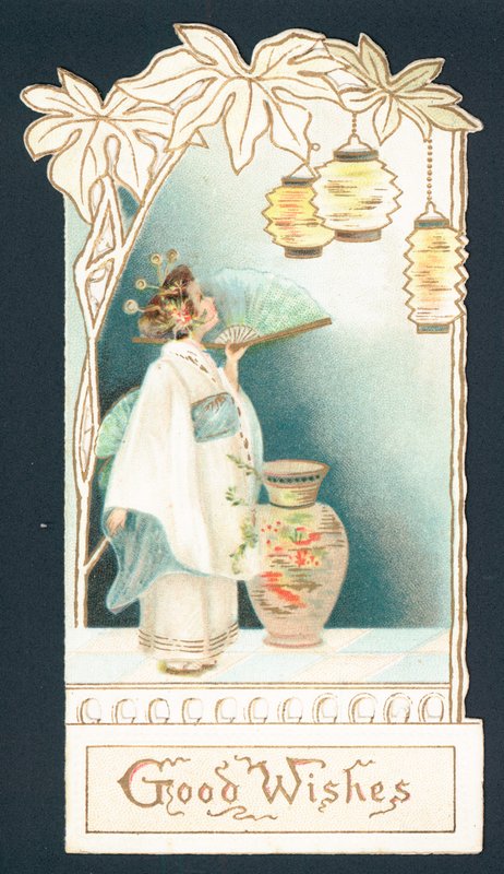 Gejša při pohledu na lucerny, vánoční přání (chromolitho) od English School