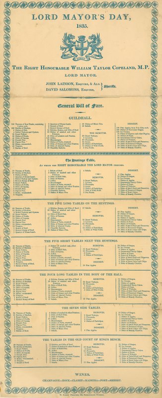 General Bill of Fare for Lord Mayors Day, Guildhall, Londýn, 9. listopadu 1835 od English School