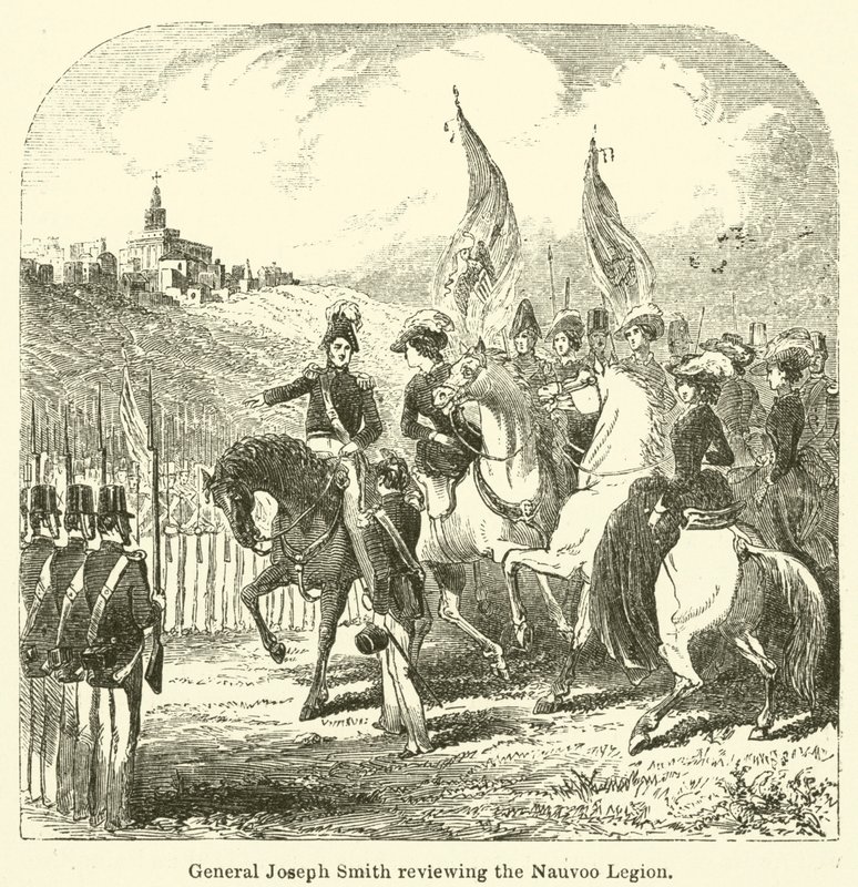 Generál Joseph Smith hodnotí Nauvoo Legion (rytina) od English School
