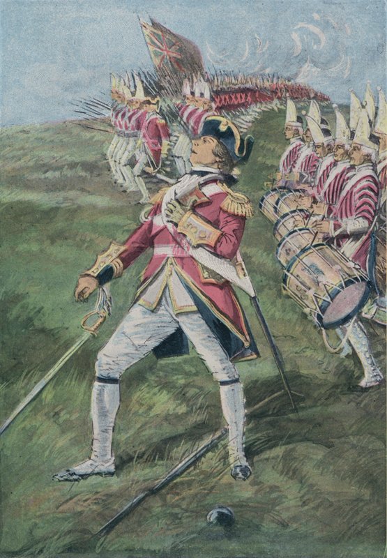 Generál Wolfe zraněn v bitvě o Quebec, Kanada, 1759 od English School