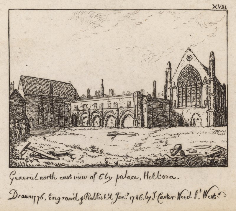 Obecný severovýchodní pohled na Ely Place, Holborn od English School