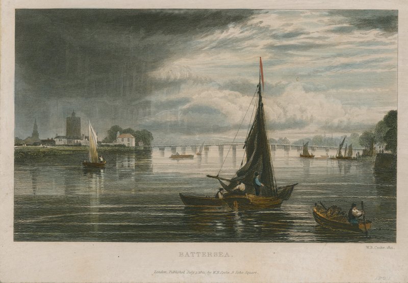 Celkový pohled na lodě na řece Temži v Battersea od English School