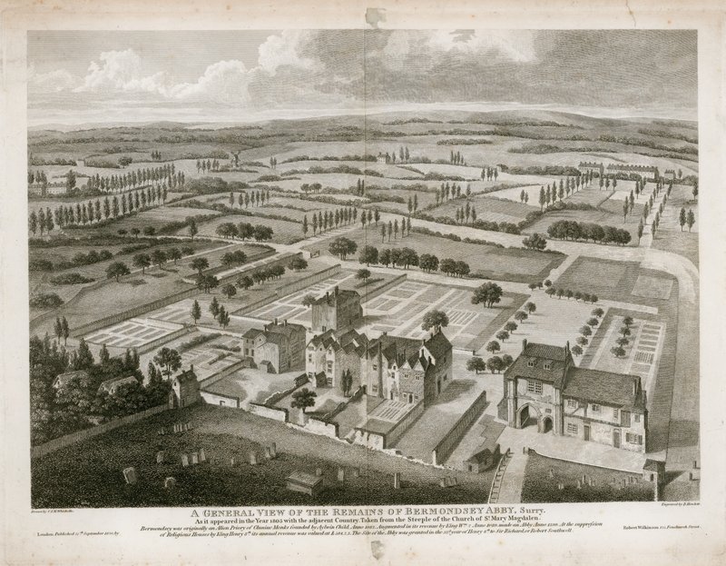 Celkový pohled na pozůstatky opatství Bermondsey, jak to vypadalo v roce 1805 od English School