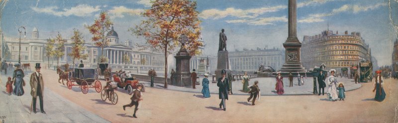 Celkový pohled na jihovýchodní roh Trafalgarského náměstí od English School