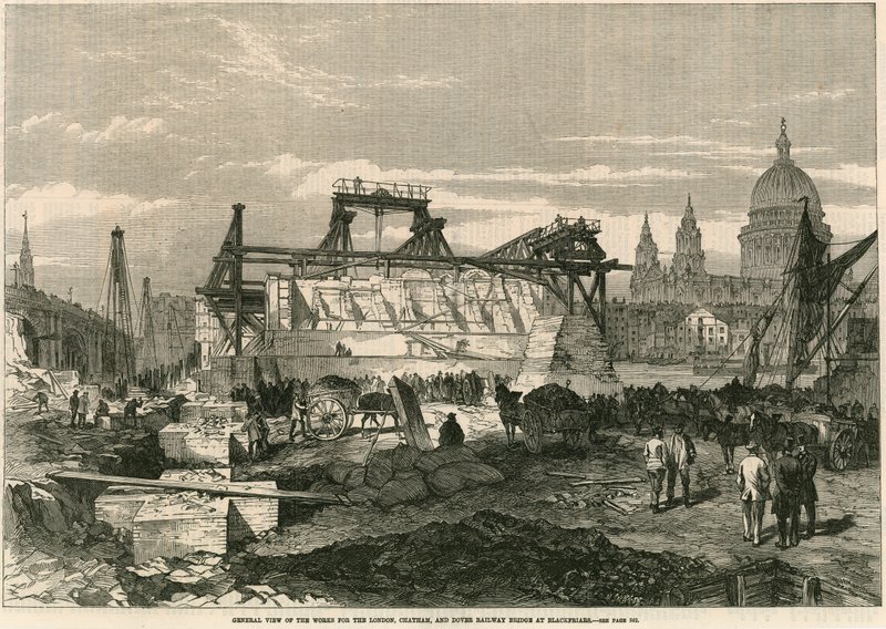 Celkový pohled na práce pro London, Chatham a Dover Railway Bridge v Blackfriars, Londýn od English School