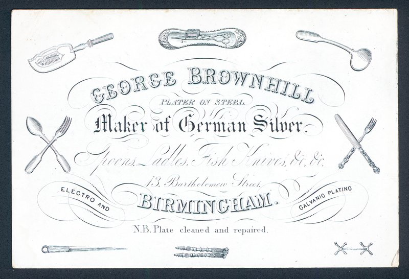 George Brownhill, výrobce německého stříbra, vizitka od English School