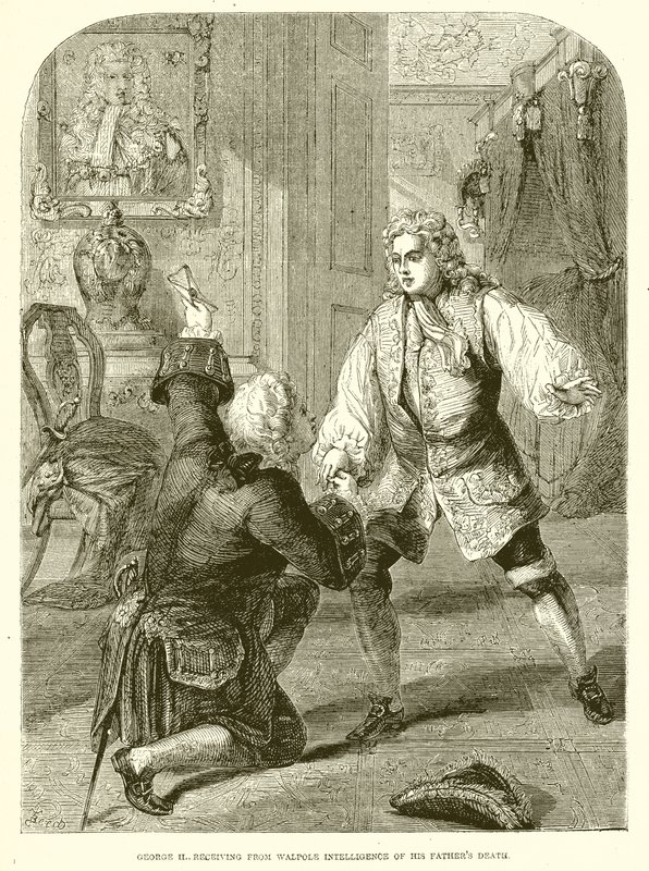 George II., přijímající od Walpole Intelligence o smrti jeho otců od English School