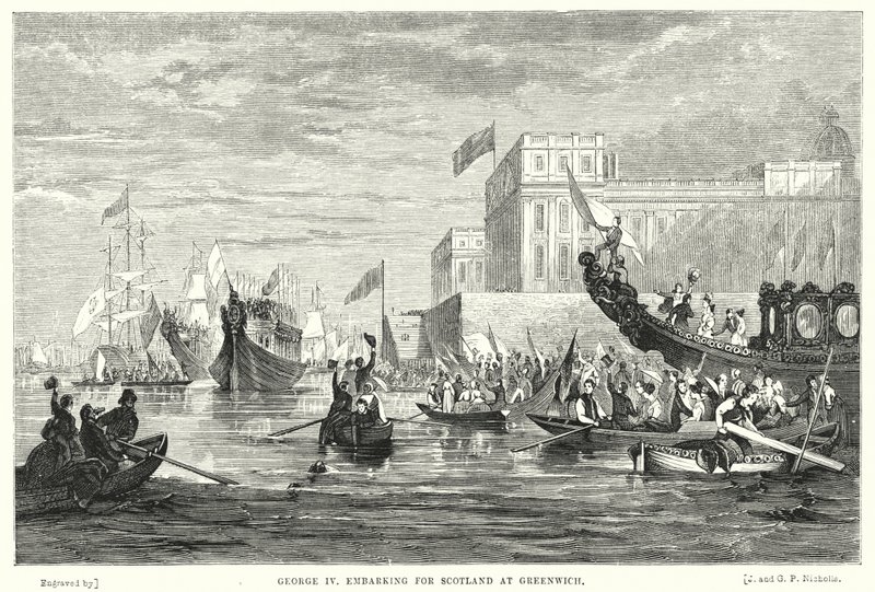 George IV nalodění do Skotska v Greenwichi (rytina) od English School