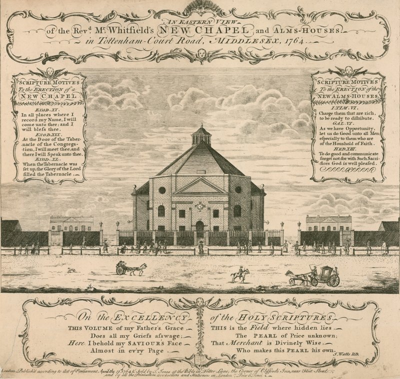 Nová kaple a almužny George Whitfielda v Tottenham Court Road, Londýn, 1764 od English School
