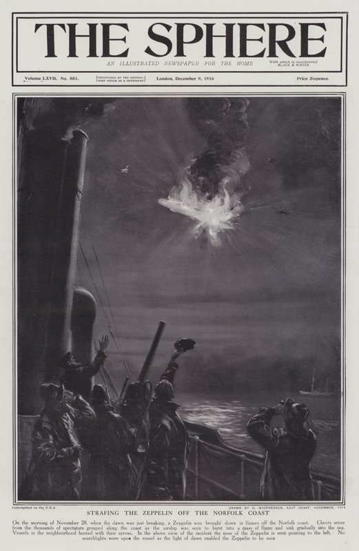 Německá vzducholoď Zeppelin sestřelená v plamenech u pobřeží Norfolku, první světová válka, 28. listopadu 1916 (litho) od English School