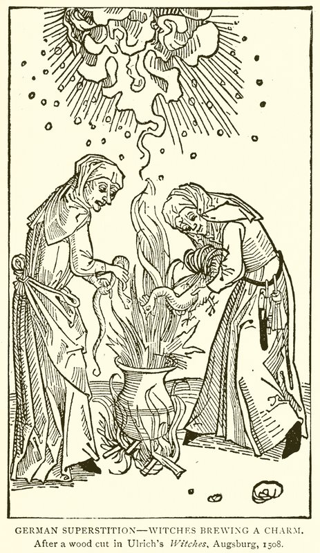 Německá pověra - Čarodějnice vařící kouzlo. Po řezu dřeva v Ulrichs Witches, Augsburg, 1508 od English School