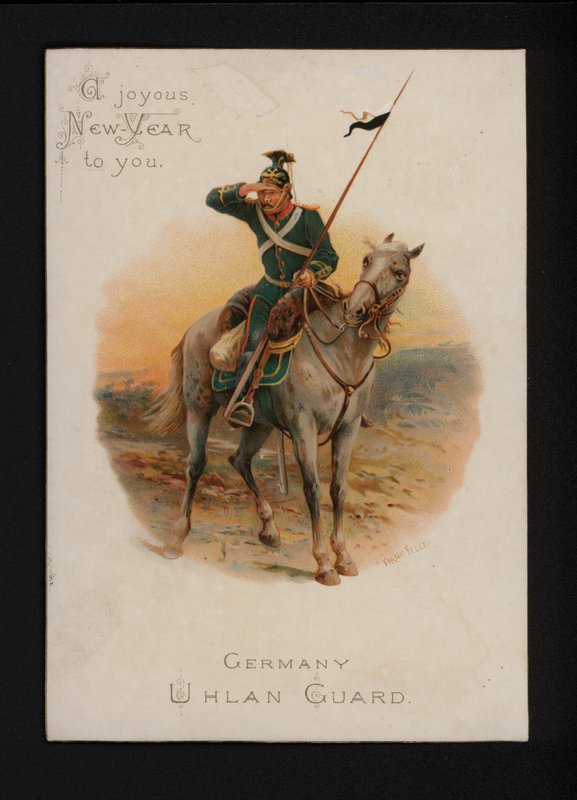 Německý hulán, novoroční blahopřání, konec 19. nebo začátek 20. století (chromolitho) od English School