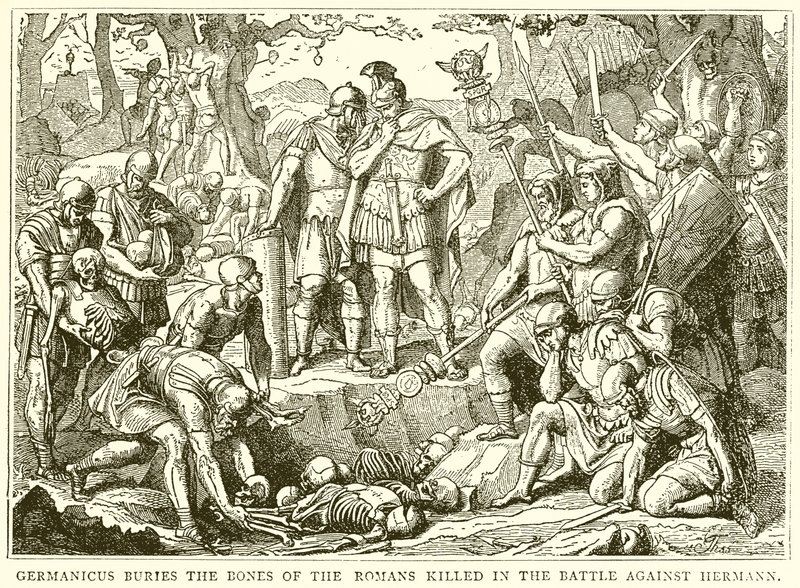Germanicus pohřbívá kosti Římanů zabitých v bitvě proti Hermannovi od English School