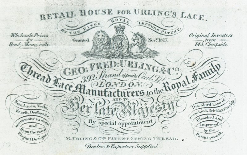 George Fred Curling & Co, výrobce nitěných krajek, vizitka od English School