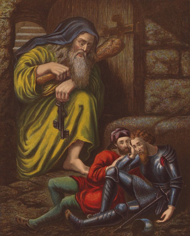Obří zoufalství navštíví Christiana a Hopeful v žaláři (barevná litografie) od English School