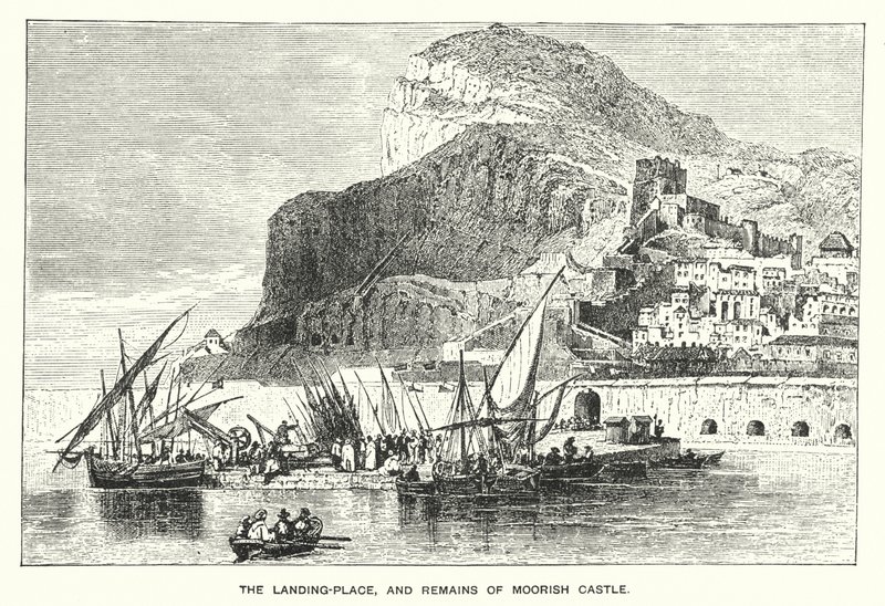 Gibraltar: Místo přistání a pozůstatky maurského hradu (rytina) od English School