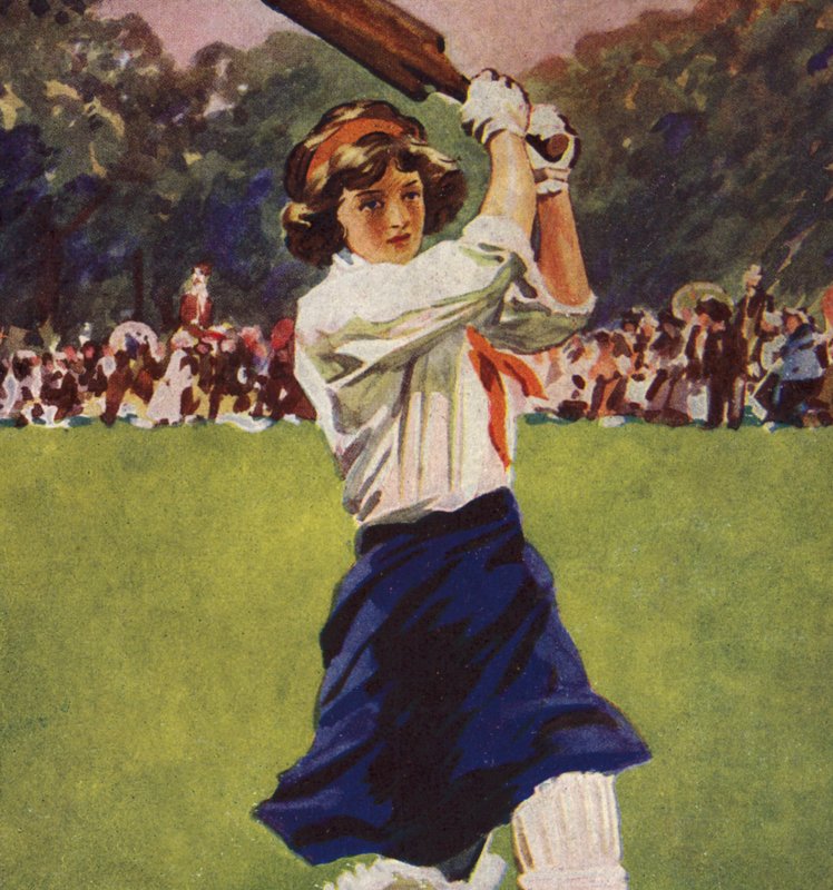 Dívka odpaluje ve hře kriket (barva litho) od English School