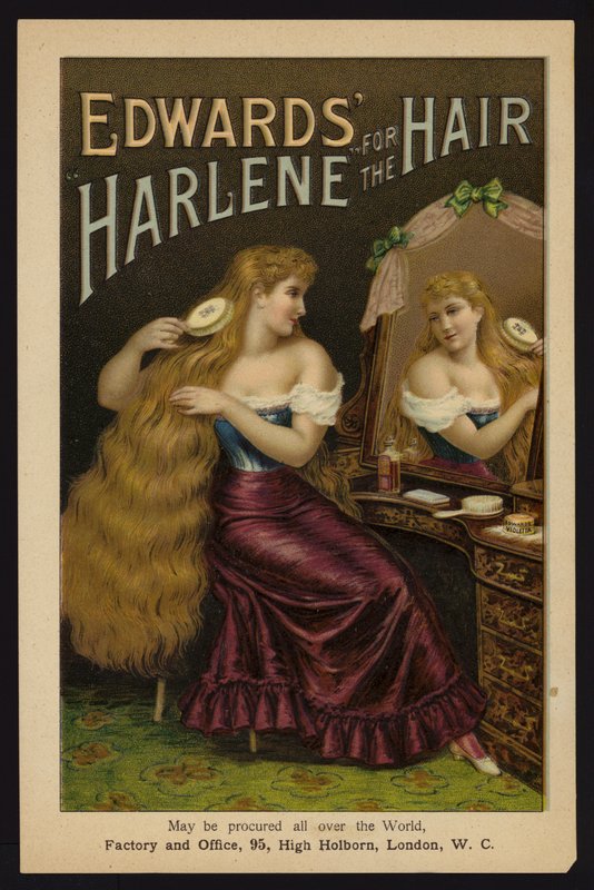 Dívka si kartáčuje dlouhé blond vlasy; Edwardova Harlene pro vlasy (chromolitho) od English School