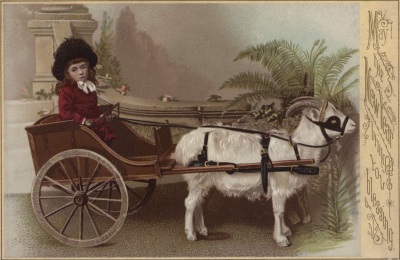 Dívka v kozím vozíku, novoroční přání (chromolitho) od English School