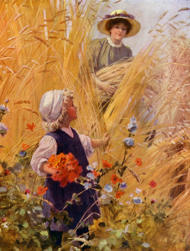 Girl picking poppies in a cornfield as a woman gathers in the harvest (colour litho)   1324111   cs       czech Successfully Translated  Original: Self-portrait in a soft hat and a patterned cloak Translat: Self-portrait in a soft hat and a patterned cloak od English School