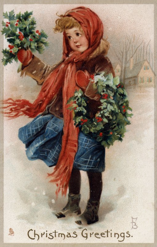 Dívka prodávající cesmínu a vánoční věnce (chromolitho) od English School