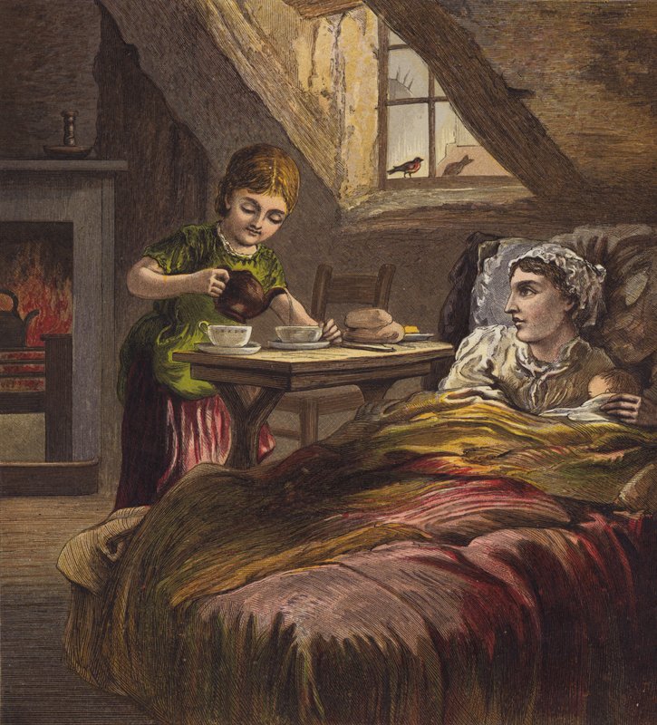 Dívka podávající čaj nemocné matce v posteli s dítětem (barevná litografie) od English School
