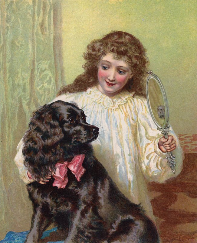 Dívka ukazuje svému psímu miláčkovi jeho odraz v zrcadle (chromolitho) od English School