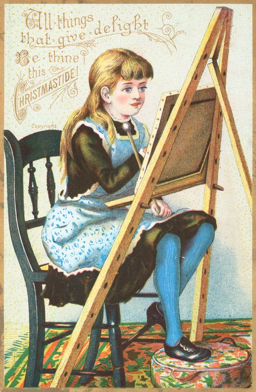 Dívka sedící u malířského stojanu, vánoční přání od English School
