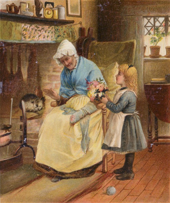 Dívka nesoucí květiny babičce k narozeninám (chromolit) od English School