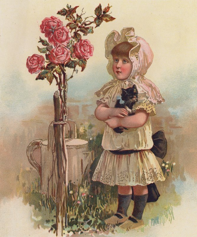 Dívka s kočkou a růžovým stromem (chromolit) od English School