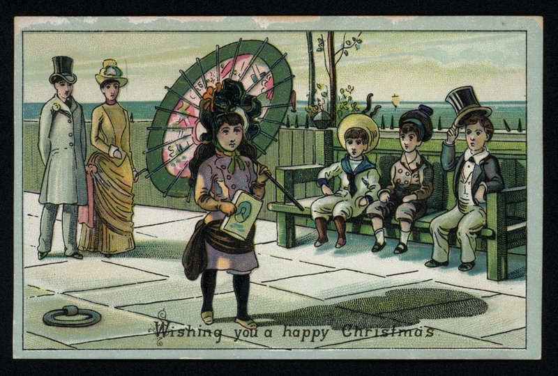 Dívka s velkým slunečníkem procházky po přímořské promenádě, vánoční přání. (chromolitho) od English School