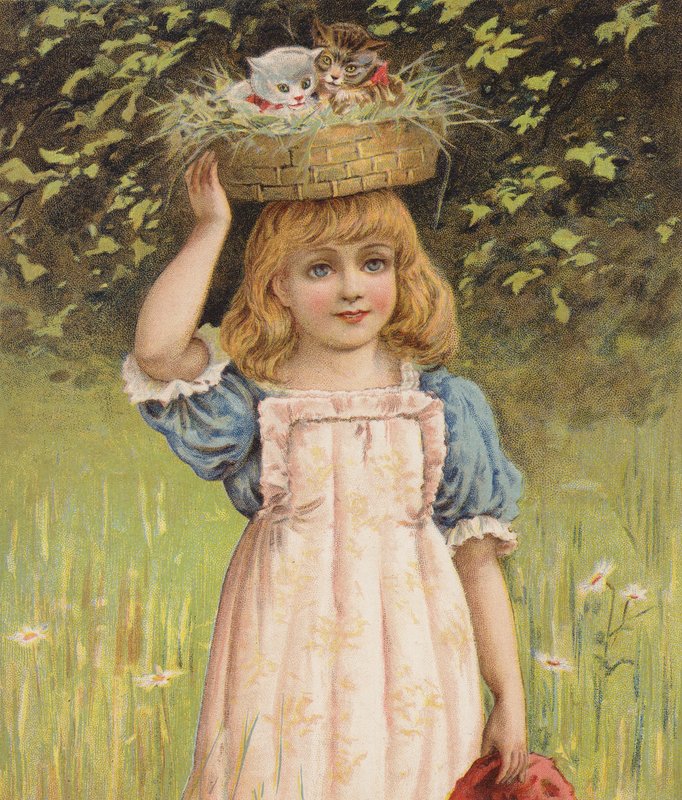 Dívka s hravými koťaty v košíku (chromolit) od English School