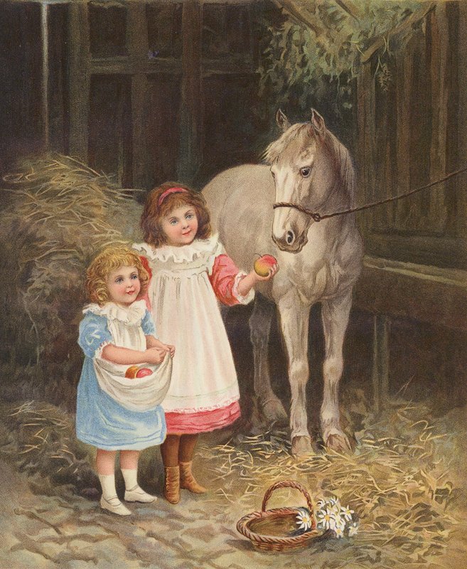 Dívky krmí jablky domácího koně (chromolitho) od English School