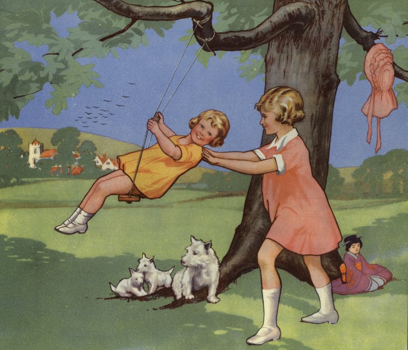 Dívky hrající na houpačce na anglickém venkově (barva litho) od English School