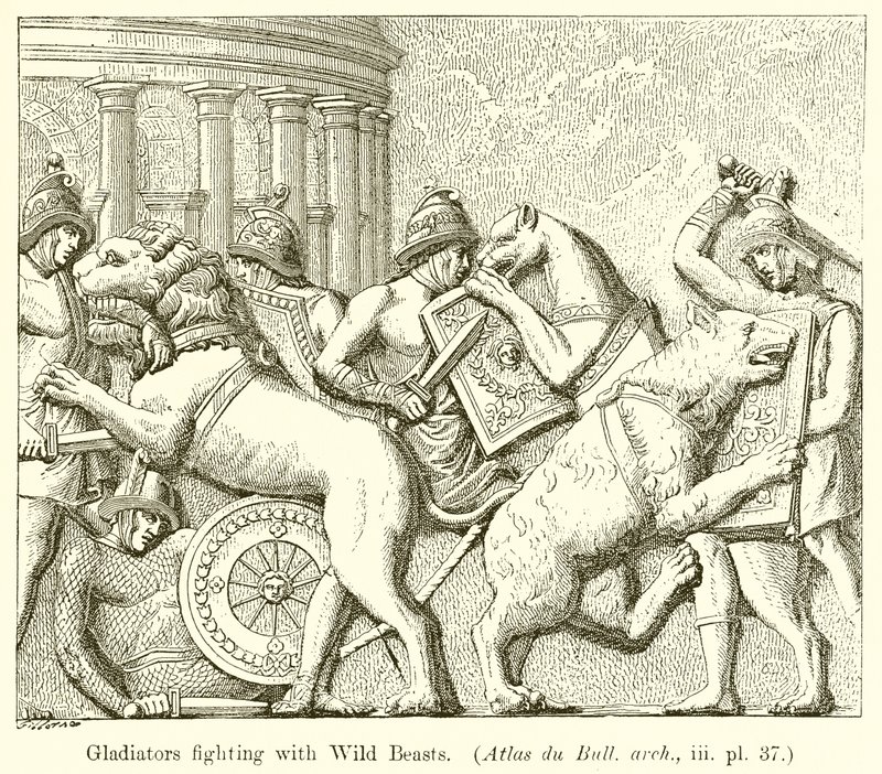 Gladiátoři bojující s divokými zvířaty. (Atlas du Bull. arch., iii. pl. 37) od English School