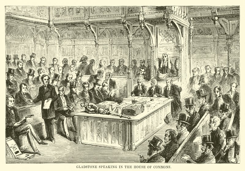 Gladstone mluví v Dolní sněmovně od English School