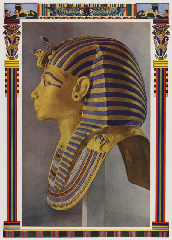 Zlatá portrétní maska z Tutanchamonovy mumie, kterou v roce 1922 objevil Howard Carter ve faraonově hrobce (barevná litografie) od English School