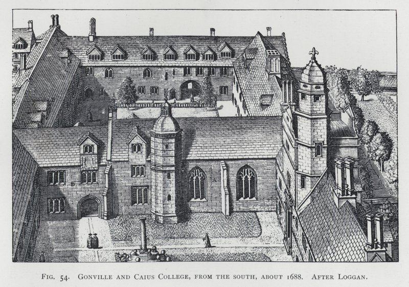 Gonville and Caius College, z jihu, asi 1688, po Loggan (rytina) od English School