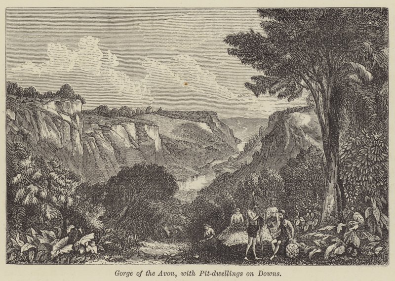 Gorge of the Avon, s Pit-dwellings on Downs (rytina) od English School