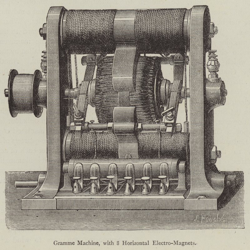 Gramme Machine, s 8 horizontálními elektromagnety (gravírování) od English School