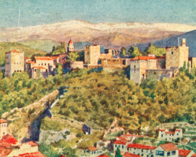 Granada, Alhambra (barevná litografie) od English School