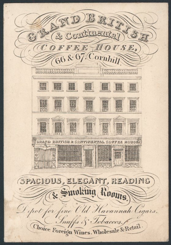 Grand British and Continental Coffee House, 66 a 67 Cornhill, obchodní karta od English School