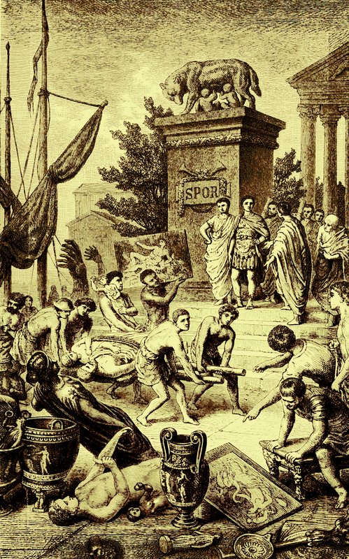Řecká kultura – sochy a umělecká díla odvezená do Říma, ilustrace z Ilustrované historie světa, vydaná kolem roku 1880 (digitálně vylepšený obrázek) od English School