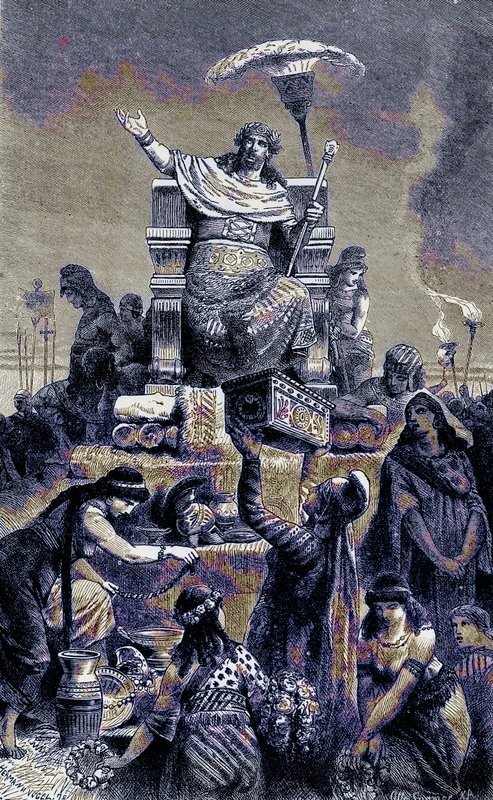 Řecká degenerace - Croesus na pohřební hromadě, ilustrace z Ilustrované historie světa, publikovaná kolem roku 1880 (digitálně vylepšený obrázek) od English School