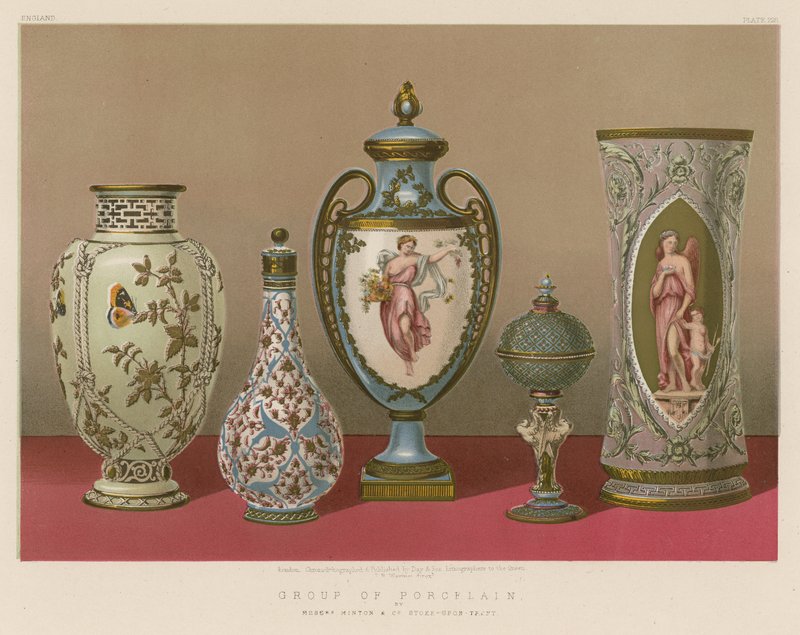 Skupina porcelánu od pánů Mintona a spol., Stoke-upon-Trent od English School