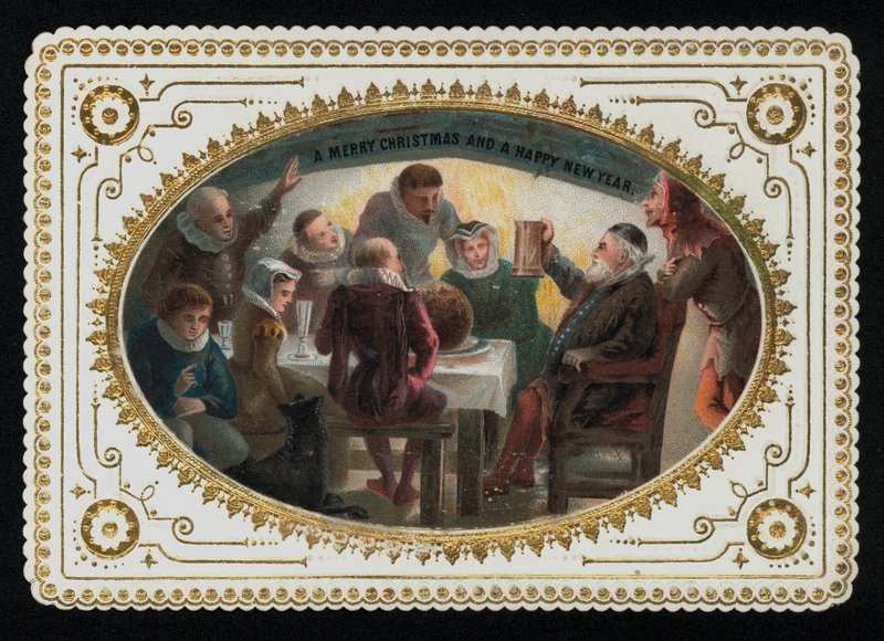 Skupina mužů a žen z 16. století opékání svátečního období, vánoční přání (chromolitho) od English School