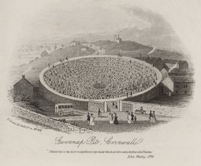 Gwennap Pit, Cornwall, kde John Wesley kázal při mnoha příležitostech mezi 1762 a 1789 (rytina) od English School