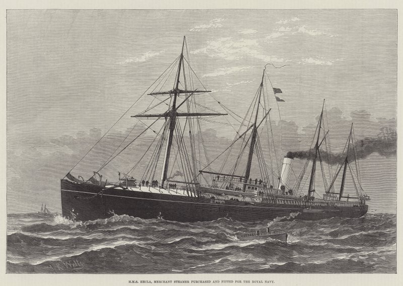 HMS Hecla, Merchant Steamer zakoupený a vybavený pro Royal Navy (rytina) od English School