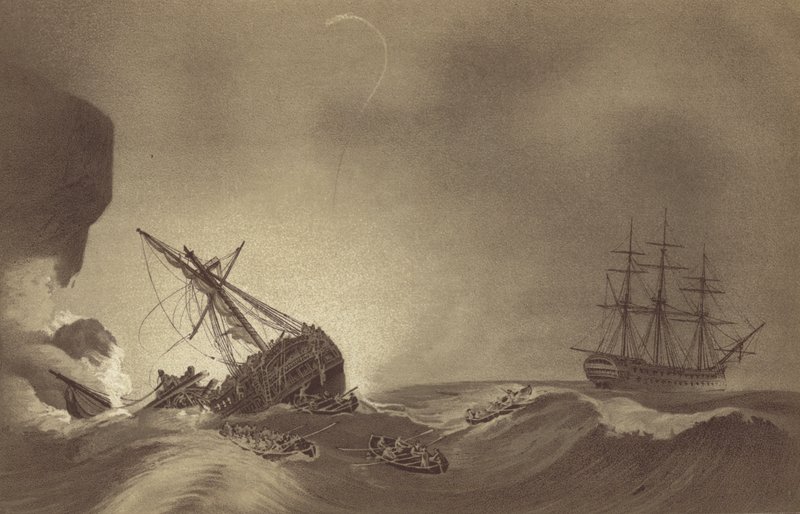 HMS Impetueux, které velel kapitán Thomas Byam Martin, zachraňující posádku HMS Venerable, pod velením kapitána J Huntera, ztroskotala v Torbay, Devon, 24. listopadu 1804 (litho) od English School